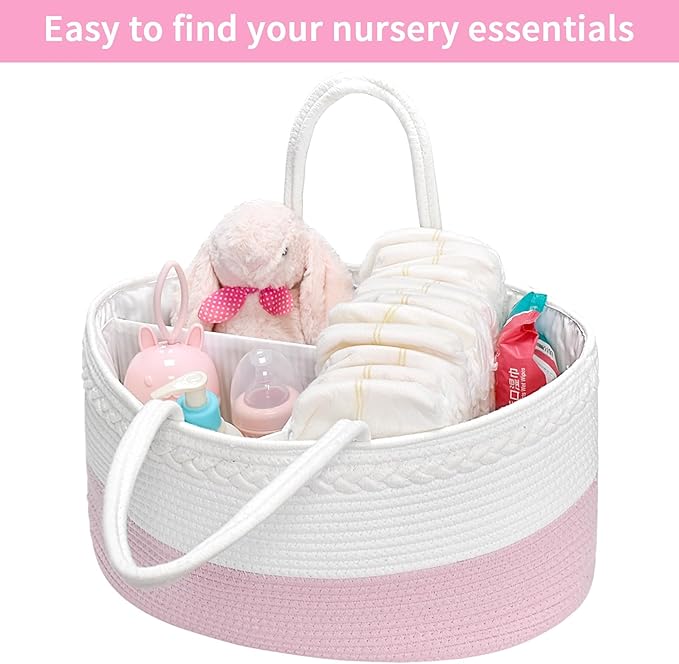 ABenkle X-Large Baby Diaper Caddy, Nursery Storage Bin and Car Organizer for Diapers Wipes, Cotton Rope Basket Changing Table Caddy, Pink