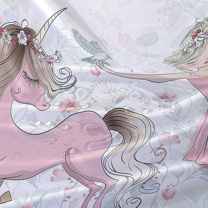 AILONEN Unicorn Shower Curtain, Cartoon Unicorn with Ballerina Girl Shower Curtain Set for Girls Teens Kids,Watercolor Pink Flowers Fabric Shower Curtain for Bathroom,36" W*72" H