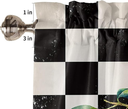 Kitchen Curtains and Valances Set,Summer Tropical Lemon Window Treatments Tiers Buffalo Plaid Black White Semi Sheer Half/Short Curtains for Small Windows Cafe /Living Room/ Bedroom 54x24 in, 3-Piece