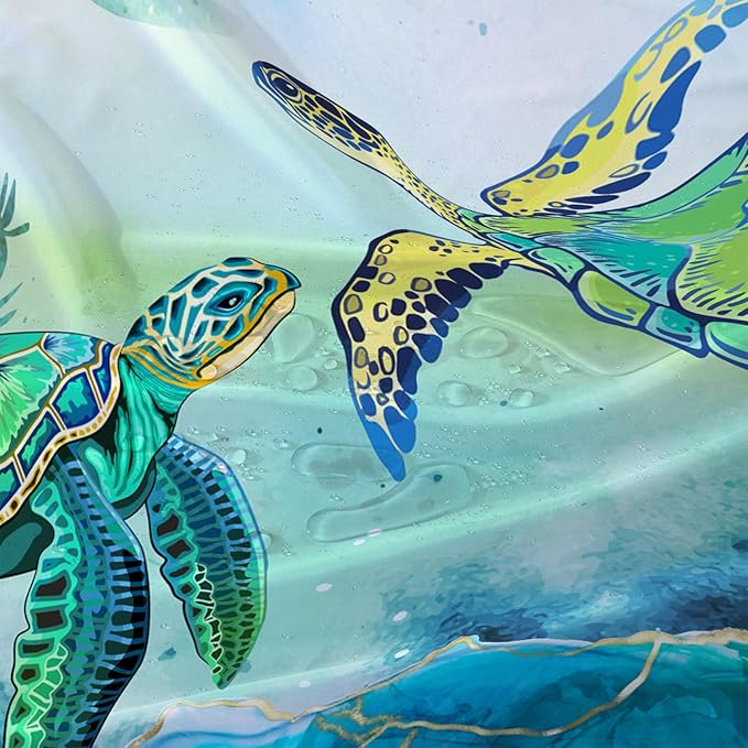AILONEN Green Sea Turtle Shower Curtain,Cartoon Turtle and Water Plant Shower Curtain Set for Bathroom,Marble Theme Waterproof Fabric Shower Curtain with Hooks,60" W*72" H