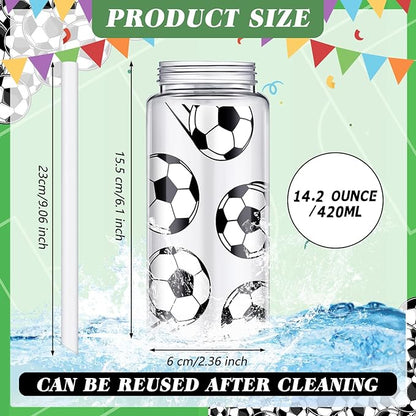 40 Pcs Soccer Party Favors 20 Pack Soccer Cups with Lid and Straw 14.2 oz Reusable Tumbler Clear Plastic Drinking Cups with 20 Pack Drawstring Bag for Birthday School Sport Decorations
