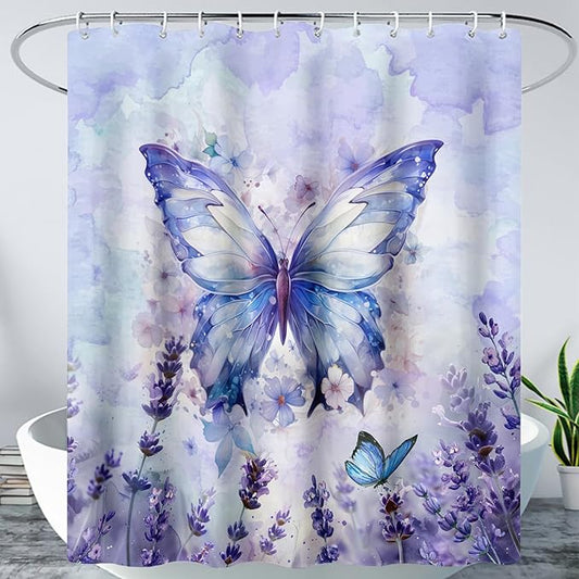 AILONEN Beautiful Butterfly Shower Curtain,Purple Butterfly Bath Curtain for Bathroom for Girls,Lavender Flower Shower Curtain,Watercolor Tie Dye Shower Curtain Set with Hooks,72" W*96" H