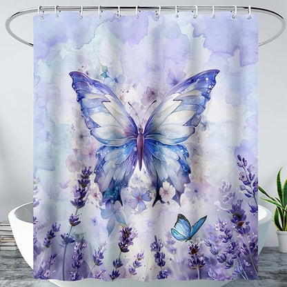 AILONEN Beautiful Butterfly Shower Curtain,Purple Butterfly Bath Curtain for Bathroom for Girls,Lavender Flower Shower Curtain,Watercolor Tie Dye Shower Curtain Set with Hooks,72" W*78" H