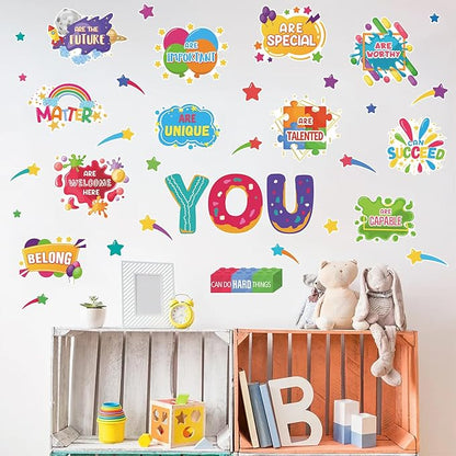 LHIUEM Kids Inspirational Wall Decals 38PCS Funny Daycare Wall Stickers for Toddler Splatter Stars Peel and Stick Testing Motivation Gifts for Students Splotches Wall Decor for Classroom Playroom Bathroom