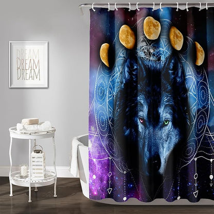 AILONEN Wolf Shower Curtain,Boho Moon Wolf Bath Curtain for Bathroom Decor,Galaxy Wolf Polyester Waterproof Whit Plastic Hooks 36" W*72" H