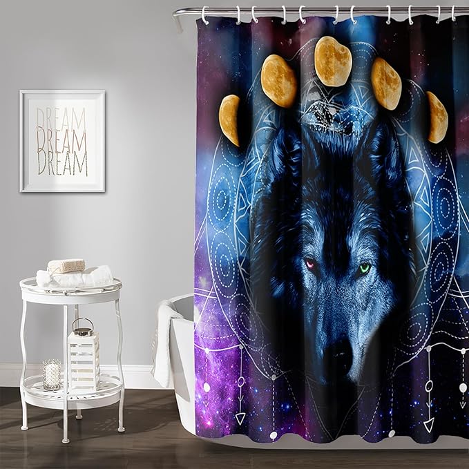 AILONEN Wolf Shower Curtain,Boho Moon Wolf Bath Curtain for Bathroom Decor,Galaxy Wolf Polyester Waterproof Whit 12 Plastic Hooks 60" W*72" H