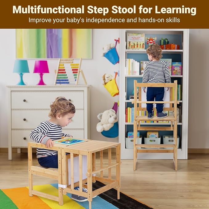 COSYLAND 3-in-1 Multifunctional Toddler Standing Tower, Kids Kitchen Step Stool with Whiteboard, Desk Table and Chair, Enjoys Unique Patented Design,FSC,CPC,SOR,CE Natural