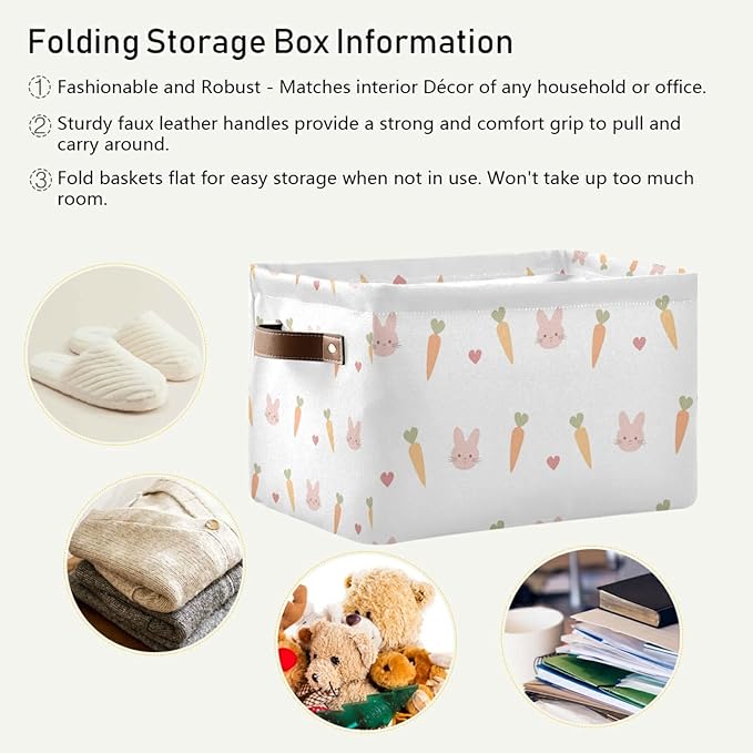 Carrots Rabbits Animal Pattern Storage Bin Collapsible Rectangular Storage Basket Large Fabric Storage Boxes Organizer 1PC with Leather Handles for Clothes Toys Books Kitchen Laundry