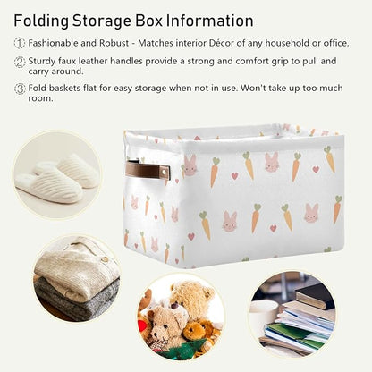 Carrots Rabbits Animal Pattern Storage Bin Collapsible Rectangular Storage Basket Large Fabric Storage Boxes Organizer 1PC with Leather Handles for Clothes Toys Books Kitchen Laundry