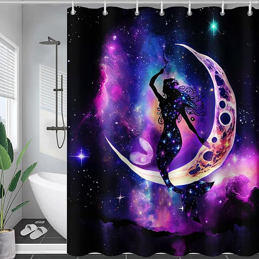 AILONEN Mermaid Shower Curtain, Galaxy Shine Mermaid Theme Shower Curtain Set,Dream Nebula and Moon Waterproof Shower Curtains for Girls Teens Kids,48" W*72" H