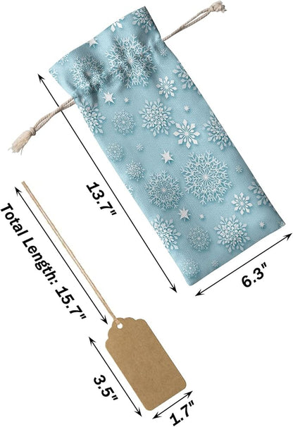 10 Pack Wine Bottle Bags, Christmas Snowflake Wine Bottle Cover with Drawstring, Winter Snowflake Green Backdrop Gift Bag for Champagne Wedding Birthday Party