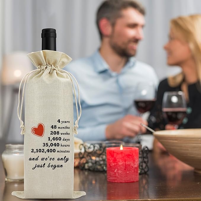 4th Anniversary Wine Bag for Him Her Four Years Anniversary Wedding Gift for Husband Wife 4 Years Dating Anniversary for Men Women 4 Years of Marriage Gift Birthday Christmas Gift Wine Gift Bag