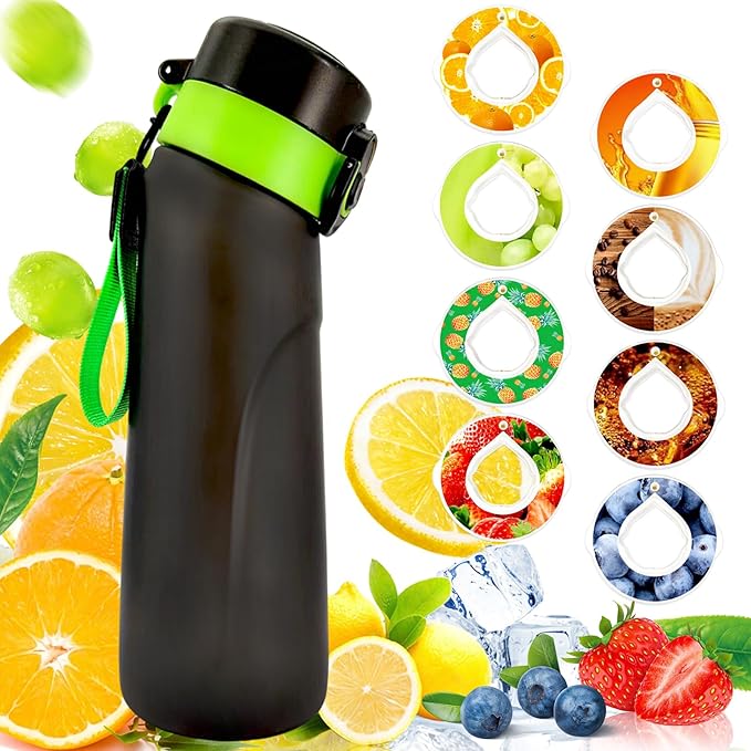 Air Water Bottle with Flavor Pods, Flavored Water Bottle,750ML Large Scented Flavor Water Bottle,Sports Water Cup with Straw Suitable for Gym and Outdoor Games(New Black Green +8Pods)