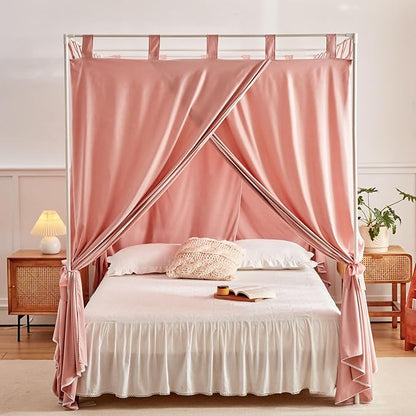 AIKASY Bean Paste Canopy Bed Curtains with Top Ties and Tie Backs for Bedroom Decoration - Queen Size Bed Curtains with Windproof and Lightproof Features