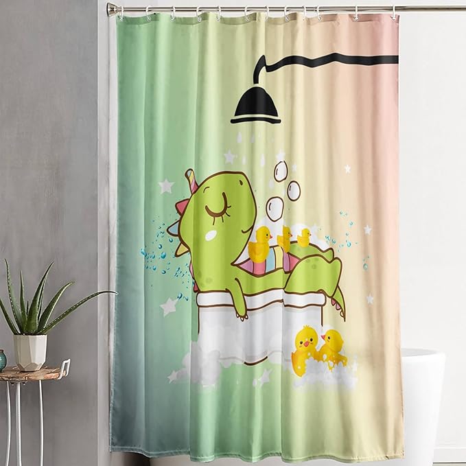 AILONEN Cartoon Shower Dinosaur Shower Curtain for Kids,Funny Green Dinosaur Shower Curtain Set with Hooks,72" W*96" H