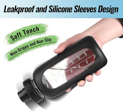 64 oz Glass Water Bottle With Straw and Handle, Half Gallon Sports Motivational Water Jug Flask with Silicone Sleeve, Large Water Cup with Time Marker for Travel, Gym, Seafoam