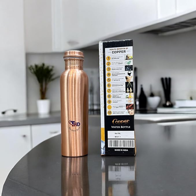 34Oz Pure Copper Water Bottle for Drinking Large Handcrafted Ayurvedic Copper Water Bottle, Leak Proof Lid Smooth Finish Water Vessel Copper Drinking Water Bottle 34Oz (Smooth Finish)