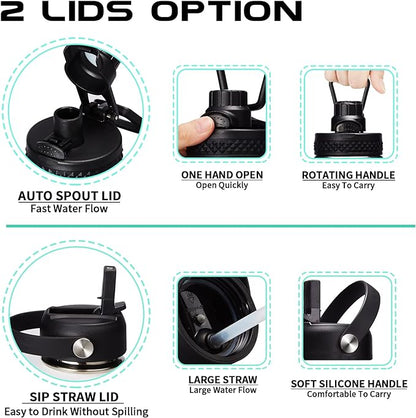 64OZ Stainless Steel Water Bottle with Paracord Handle, Straw/Spout Lid, Half Gallon Vacuum Insulated Water Flask Jug, Leak-proof Large Sports Jug for Outdoor Hiking Biking Travel Camping