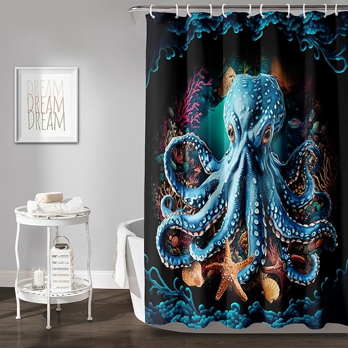AILONEN Cartoon Blue Octopus Shower Curtain for Bathroom,Funny Octopus Bath Curtain for Kids,Boys,Girls,Ocean Animal Starfish Theme Waterproof Fabric Shower Curtain Set with Hooks,72" W*78" H