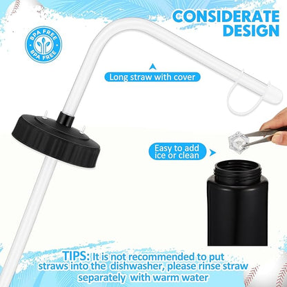 Domensi 4 Pack 1 Liter Sports Water Bottle W/Long Straw Hockey Lacrosse Water Bottle with Straw BPA Free Easy Squeeze Plastic Use W/Sport Helmet in Football Baseball Gym Yoga(Black)