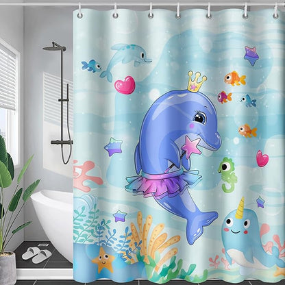 AILONEN Cute Dolphin Shower Curtain for Bathroom, Dolphin Fish Ocean Bath Curtain,Modern Minimalist Blue Waterproof Fabric Shower Curtain Set with Hooks 72" W*78" H