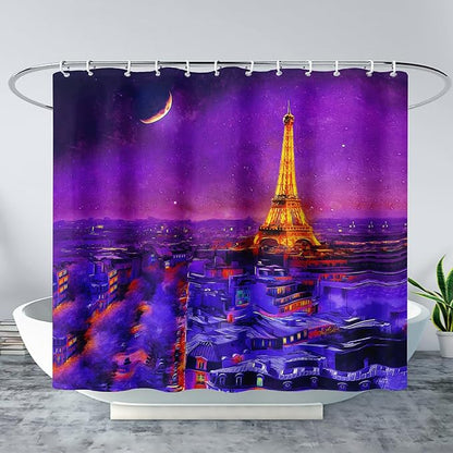 AILONEN Paris Tower Shower Curtain,Purple Glowing City Waterproof Fabric Shower Curtain for Girls Boys Kids Teens, 72" W*96" H Night Eiffel Tower Oil Painting Shower Curtain
