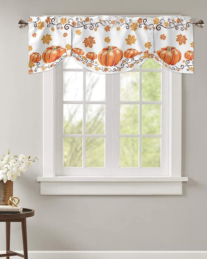 Fall Maple Leaves Blackout Tie Up Valance Curtains for Kitchen Windows Thanksgiving Watercolor Pumpkins Window Toppers Balloon Shades for Living Room/Bathroom/Bedroom,1 Panel,42" X 18" Orange
