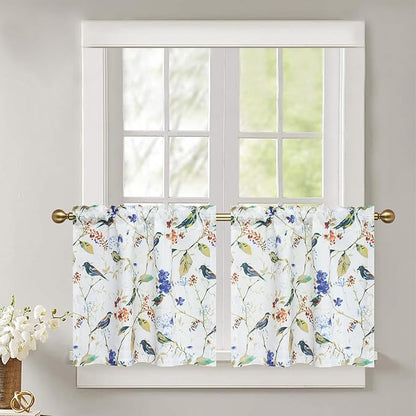Leeva Bird Pattern Printed Small Window Curtain Panels, 24 Inch Length Sets Bird and Floral Pattern Design Short Small Curtains for Kitchen Office Cafe Studio, 2 Panels, Rod Pocket