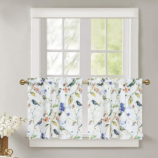Leeva Bird Pattern Printed Small Window Curtain Panels, 24 Inch Length Sets Bird and Floral Pattern Design Short Small Curtains for Kitchen Office Cafe Studio, 2 Panels, Rod Pocket