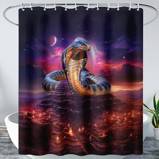 AILONEN 3D Snake Shower Curtain,Red Starry Retro Pyramid Snake Bath Curtain for Bathroom Decor,Terror Snake Printed Polyester Waterproof with 12 Plastic Hooks 48" W*72" H