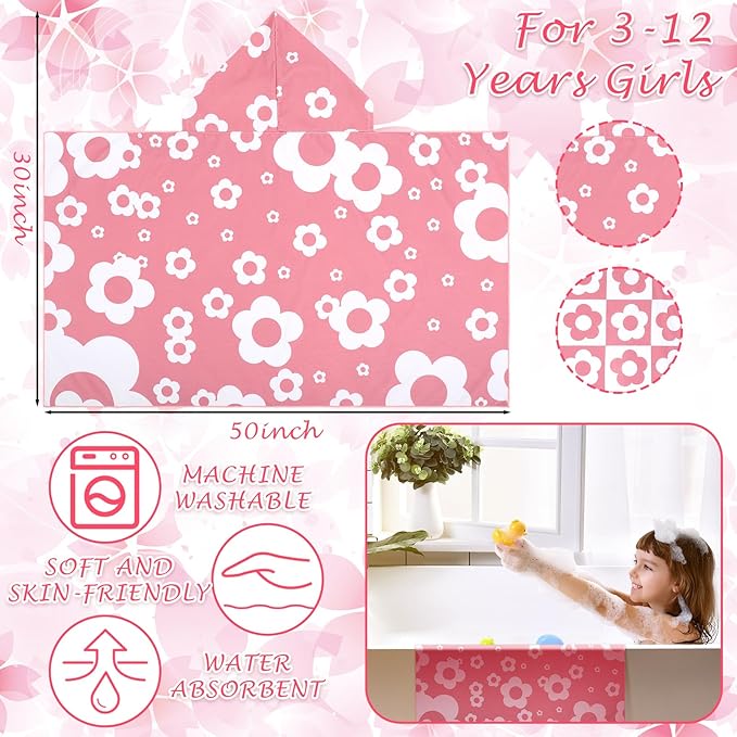2 Pcs Flower Kids Hooded Bath Towel 50 x 30 Kids Hooded Beach Bath Towels Pink Microfiber Girls Bath Towels Pool Beach Towel Wrap for 3-12 Years Girls Toddlers Swimming Cover up 2 Design