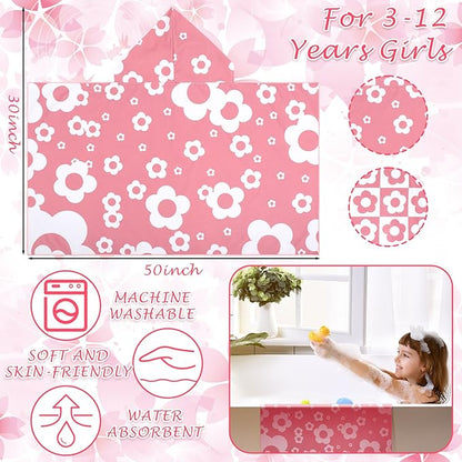 2 Pcs Flower Kids Hooded Bath Towel 50 x 30 Kids Hooded Beach Bath Towels Pink Microfiber Girls Bath Towels Pool Beach Towel Wrap for 3-12 Years Girls Toddlers Swimming Cover up 2 Design