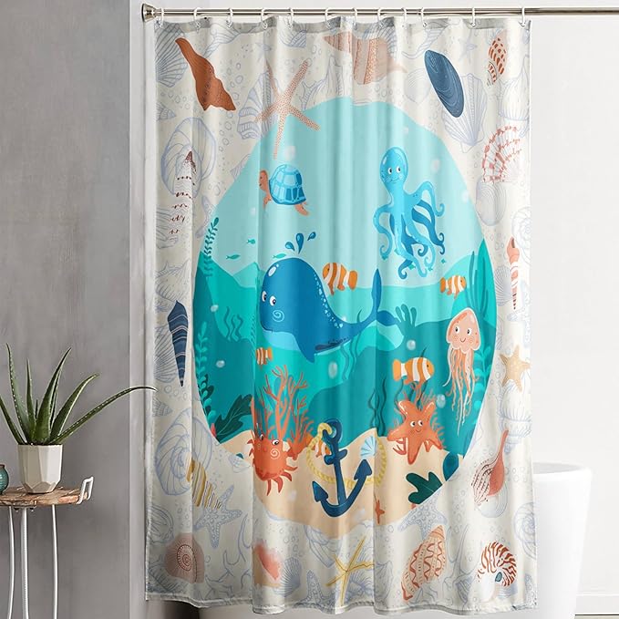 AILONEN Cartoon Dolphin Shower Curtain for Kids Boys Girls,Cute Sea Animals Waterproof Fabric Shower Curtain for Bathroom,Ocean Shell Theme Shower Curtain Set with Hooks,72" W*78" H