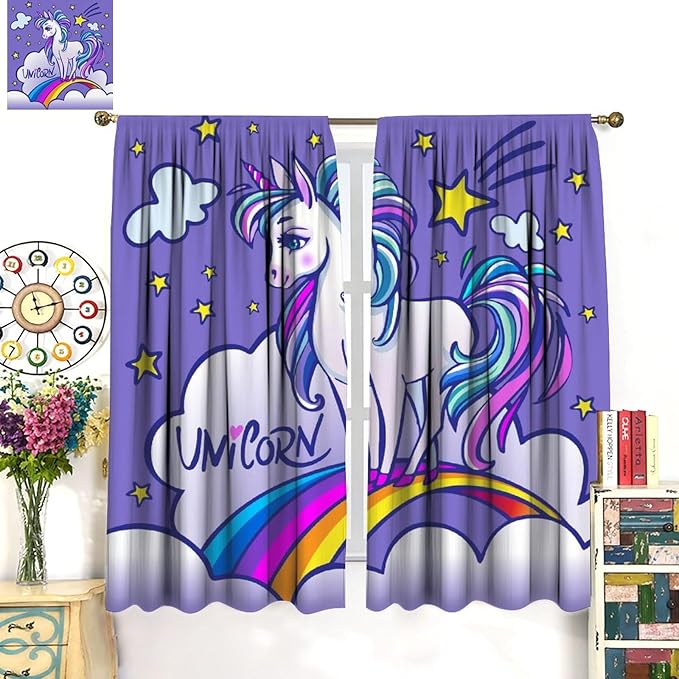 Kids Unicorn Curtains Purple Cartoon Rainbow Cartoon Room Blackout Curtains Boys Girls Baby Room Decor Curtains Living Room Decor 72x63 Inch 2 Panels
