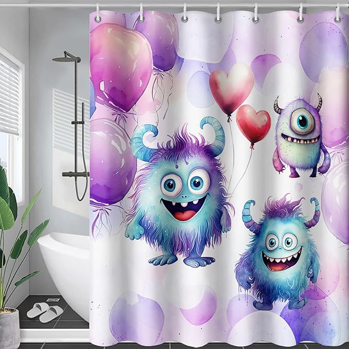 AILONEN Monster Shower Curtain for Bathroom, Cute Monster Purple Balloon Printed Bath Curtain,Women Girls Kids Minimalist Waterproof Fabric Shower Curtain Set with Hooks 48" W*72" H