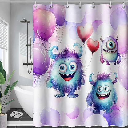 AILONEN Monster Shower Curtain for Bathroom, Cute Monster Purple Balloon Printed Bath Curtain,Women Girls Kids Minimalist Waterproof Fabric Shower Curtain Set with Hooks 72" W*84" H