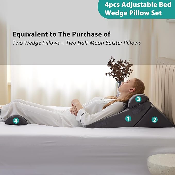 Adjustable 4pcs Bed Wedge Pillow Set, Memory Foam Wedge Pillow Post Surgery for Back, Neck, Leg Pain Relief, Pillow Wedge for Sleeping, Sitting up in Bed, Acid Reflux and GERD, Velvet