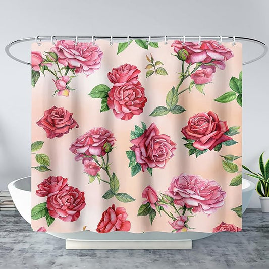 AILONEN Rose Shower Curtain, Watercolor Red Rose Theme Waterproof Shower Curtain Set,Dreamy Romantic Vintage Flower Bathroom Decors for Girls Teens Women,72" W*84" H