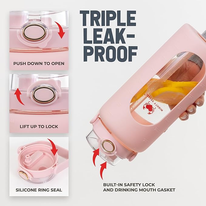 64oz Glass Water Bottle | Pink Water Bottle with Straw & Time Marker | Half Gallon Water Bottle with Measurements & Silicone Sleeve | Suitable for Travel, Gym, Sports & Daily Intake