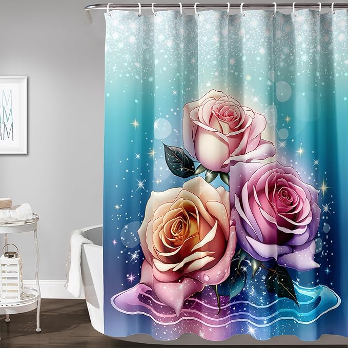 AILONEN Rose Shower Curtain for Bathroom Decor,Galaxy Pink Rose Bath Curtain Gifts for Girls Women,Modern Minimalism Curtain,Polyester Waterproof with 12 Plastic Hooks, 48" W*72" H