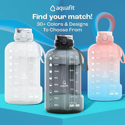 AQUAFIT 64 oz Water Bottle with Time Marker - BPA Free Half Gallon Water Bottle with Straw - Gym Water Bottle with Handle, Gallon Water Jug, Big Water Bottle, Large Water Bottle (Frosty, 2in1 Lid)