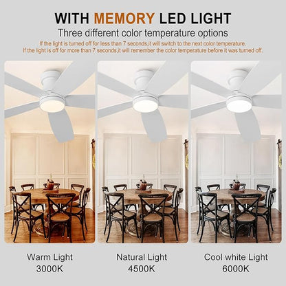 52 inch Ceiling Fans with Lights and Remote,Flush Mount White Ceiling Fan,Memory Fuction Reversible Quiet DC Motor Low Profile Ceiling Fans For Living Room Bedroom Outdoor(White&Natural Wood)