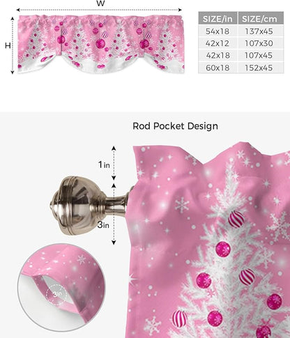 Pink Christmas Blackout Tie Up Valance Curtains for Kitchen Windows White Xmas Tree Snowflakes Pink Balls Window Toppers Balloon Shades for Living Room/Bathroom/Bedroom,1 Panel, 42" X 12", Winter