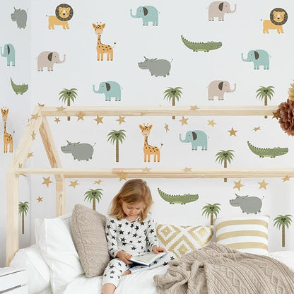 5PCS Cartoon Animal Wall Decal Removable DIY Elephant Hippopotamus Giraffe Lion Crocodile Wall Decal Peel and Stick Coconut Tree Wall Art for Baby Nursery Bedroom Living Room Playroom Decor (A)