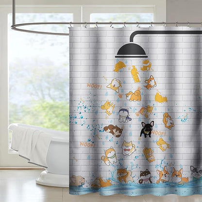 AILONEN Cute Corgi Shower Curtain for Kids 48" W*72" H Inch,Funny Dog Cartoon Corgi Animals Playing Water Shower Curtains,12 Pack Hooks Polyester Waterproof Fabric Decor for Bathroom Bathtub Panels