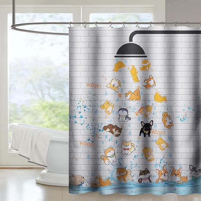 AILONEN Cute Corgi Shower Curtain for Kids 72" W*84" H Inch,Funny Dog Cartoon Corgi Animals Playing Water Shower Curtains,12 Pack Hooks Polyester Waterproof Fabric Decor for Bathroom Bathtub Panels