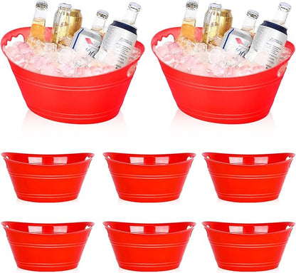 8Pcs Ice Bucket, Plastic Ice Buckets for Parties, Drink Buckets with Handles Beverage Buckets Oval Storage Plastic Tub for Wine Beer Champagne Bottles, 4.3Liter (set-3-red)