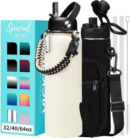 40oz Insulated Water Bottle with Straw - Pop-up Chug Lid (Cold-48H Hot-24H) Stainless Steel Water Bottles Sweat Proof, Metal Hydro Thermo Jug w/Strap Carrier Bag, Paracord Handle, Cream White