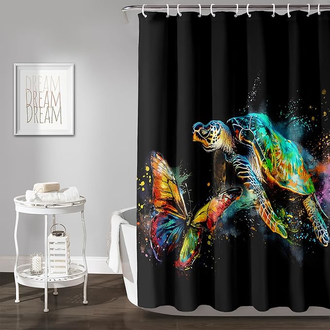 AILONEN Sea Turtle Shower Curtain, Tie Dye Turtle and Butterfly Bathroom Curtain,Minimalist Black Bath Curtain 48" W*72" H Polyester Waterproof Bathroom Curtain with 12 Hooks