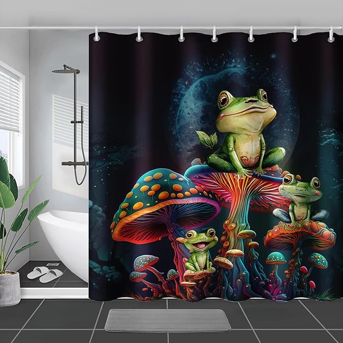 AILONEN Frog Mushroom Shower Curtain Cartoon Animal Wildlife Frog Mystic Black Sky Red Mushroom Minimalist Modern Art Shower Curtain Bathroom Decor Curtains with 12 Hooks,Green 72" W*84" H